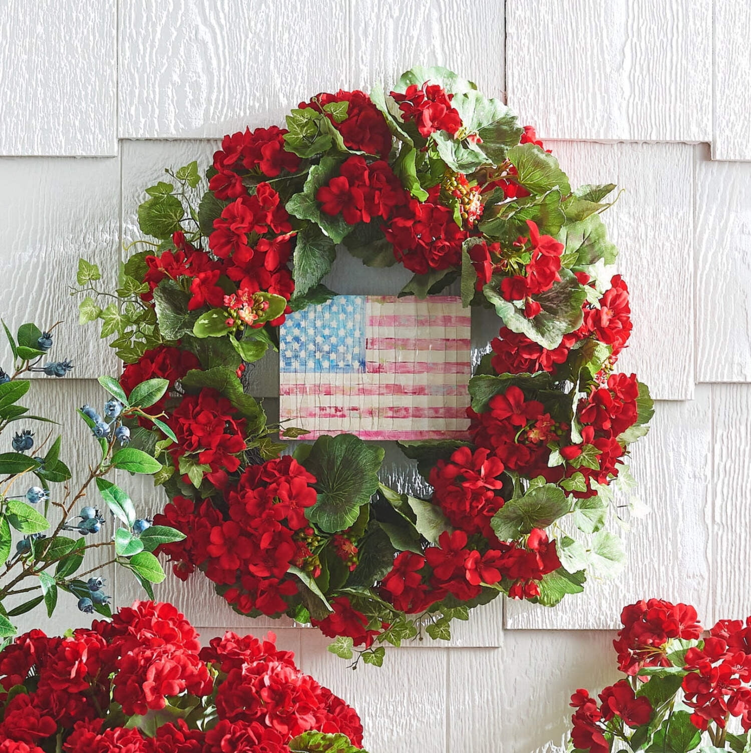 RAZ Imports 24" Red Geranium Flower and Kalanchoe Fourth of July Summer Wreath