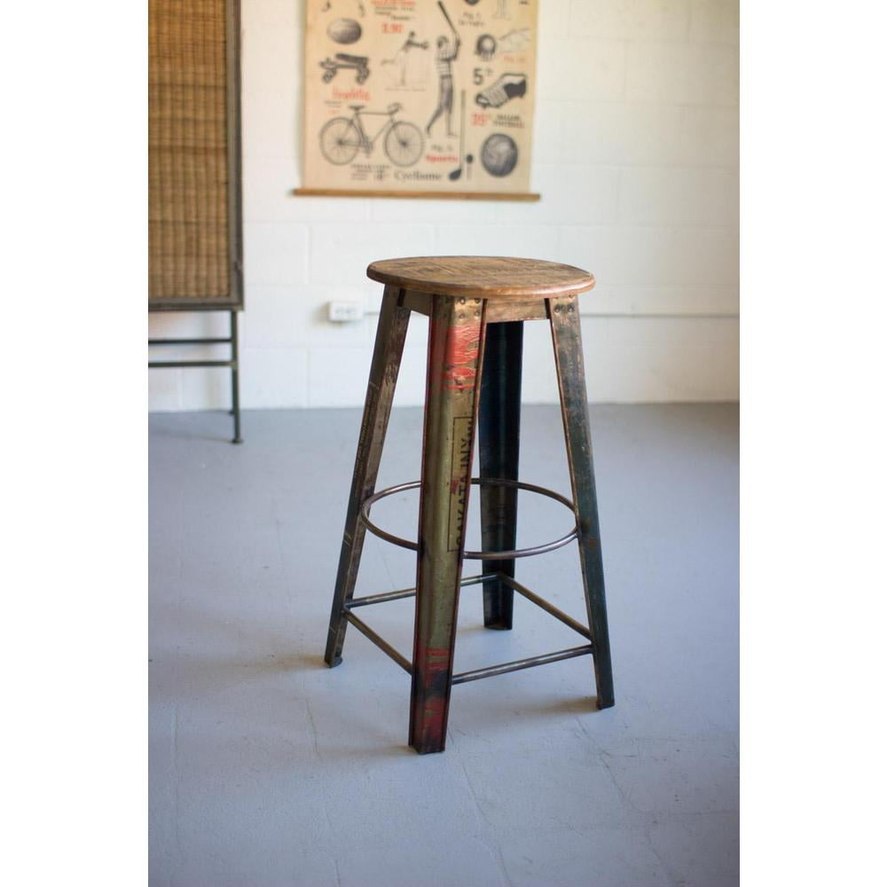 RECYCLED METAL BAR STOOL WITH WOODEN TOP