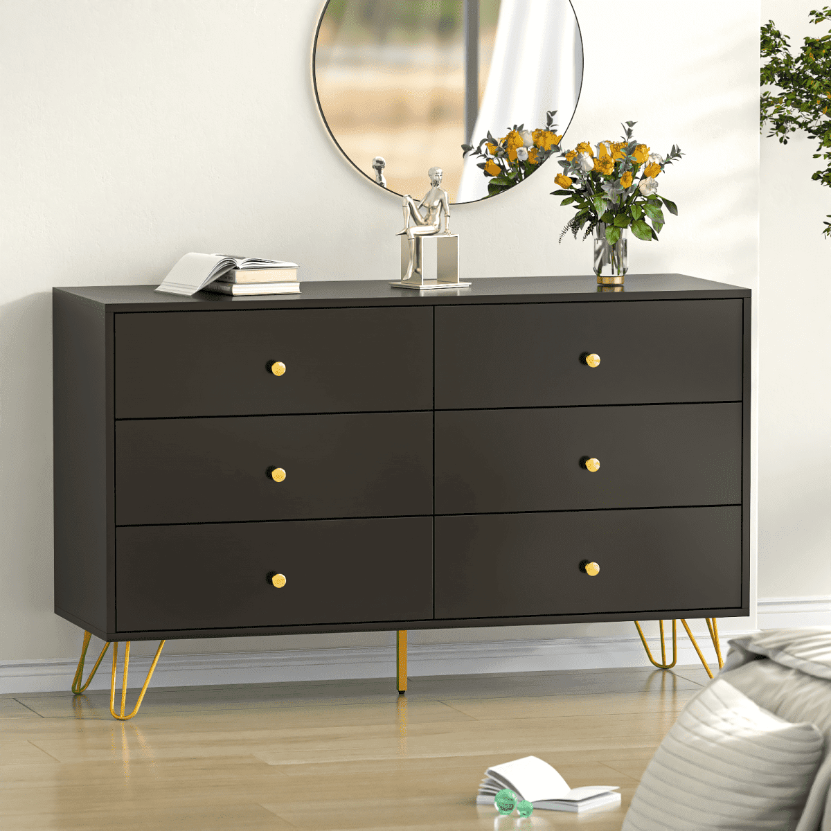 Black Dresser for Bedroom, 6 Drawer Dresser with Golden Handles, Large Storage Cabinet, Modern Chest of Drawers Organizer Storage for Hallyway, Entryway