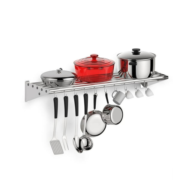 RIEDHOFF Metal Kitchen Rack for Storage and Organization, [NSF Certified] 12" x 36" Stainless Steel Wall Mount Shelf with 10 S Hooks for Hanging Pots, Pans, Cookware in Home and Restaurant