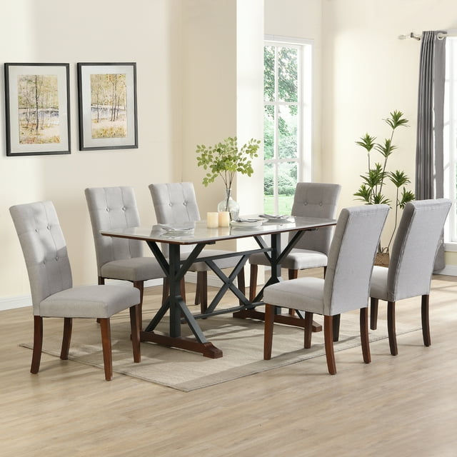 7-Piece Modern Dining Table Set, Gray Sintered Stone Dining Table with 6 Tufted Upholstered Chairs, 63-inch Rectangle Dining Table for Dining Room