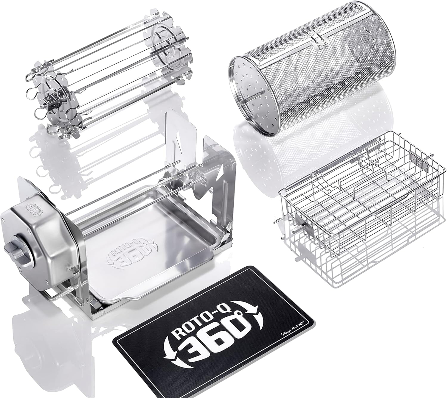 ROTO-Q 360 Family Bundle - Cordless Rotisserie Kit for Grills, Ovens, Smokers - Non-Electric Spit Roaster - Indoor/Outdoor BBQ - Stainless Steel Construction - includes Rotisserie Attachments