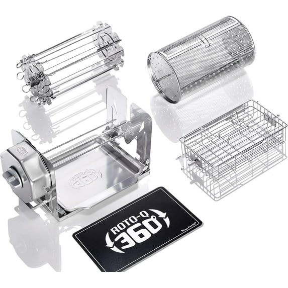 ROTO-Q 360 Family Bundle - Cordless Rotisserie Kit for Grills, Ovens, Smokers - Non-Electric Spit Roaster - Indoor/Outdoor BBQ - Stainless Steel Construction - includes Rotisserie Attachments