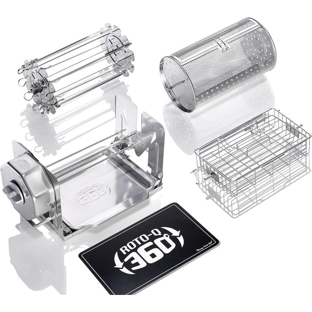 ROTO-Q 360 Family Bundle - Cordless Rotisserie Kit for Grills, Ovens, Smokers - Non-Electric Spit Roaster - Indoor/Outdoor BBQ - Stainless Steel Construction - includes Rotisserie Attachments