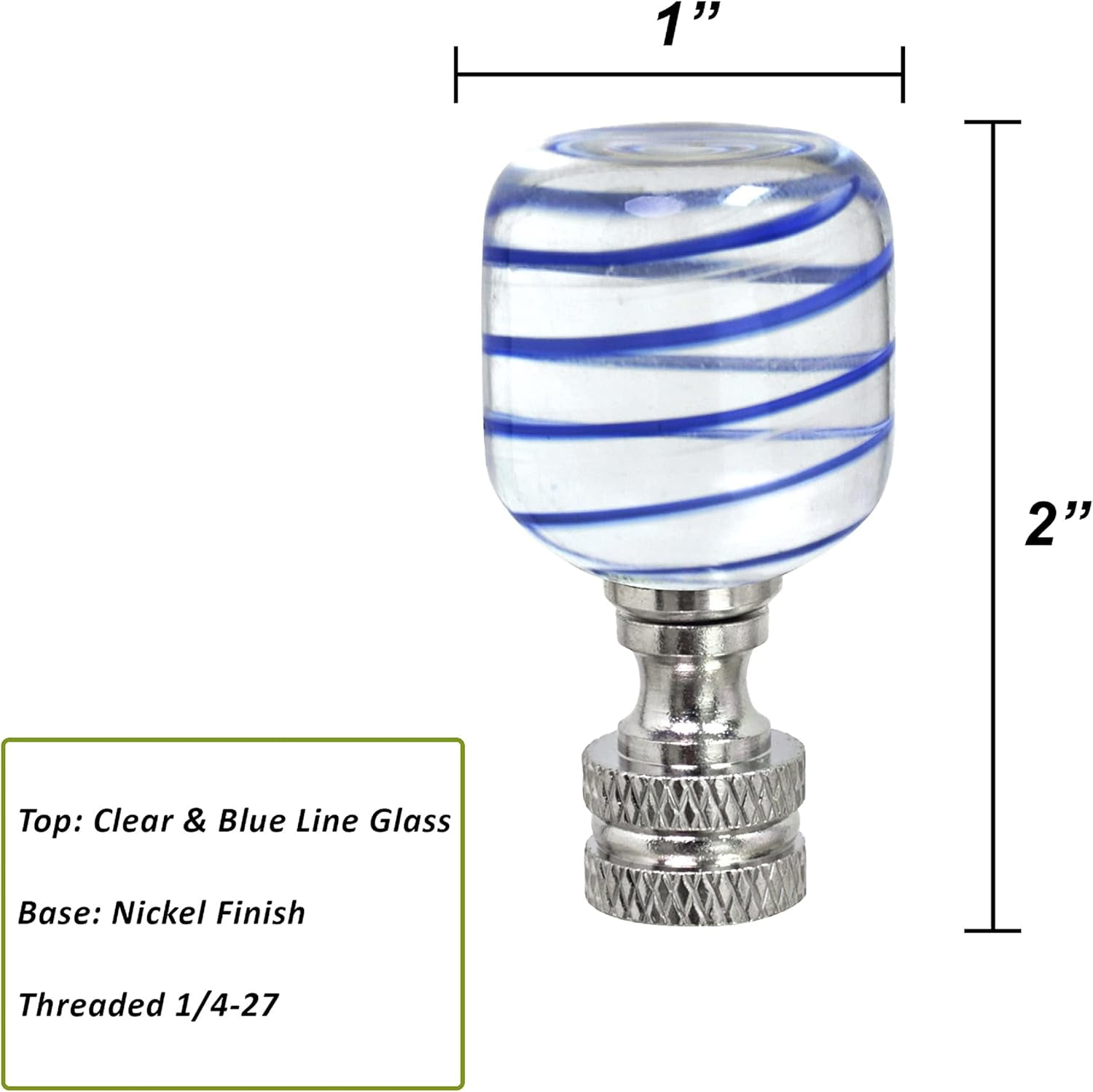 RTHG-24011-12, 2 Pack Clear with Blue Line Glass Lamp Nickel Finish, 2" Tall Finial, Clear & Blue