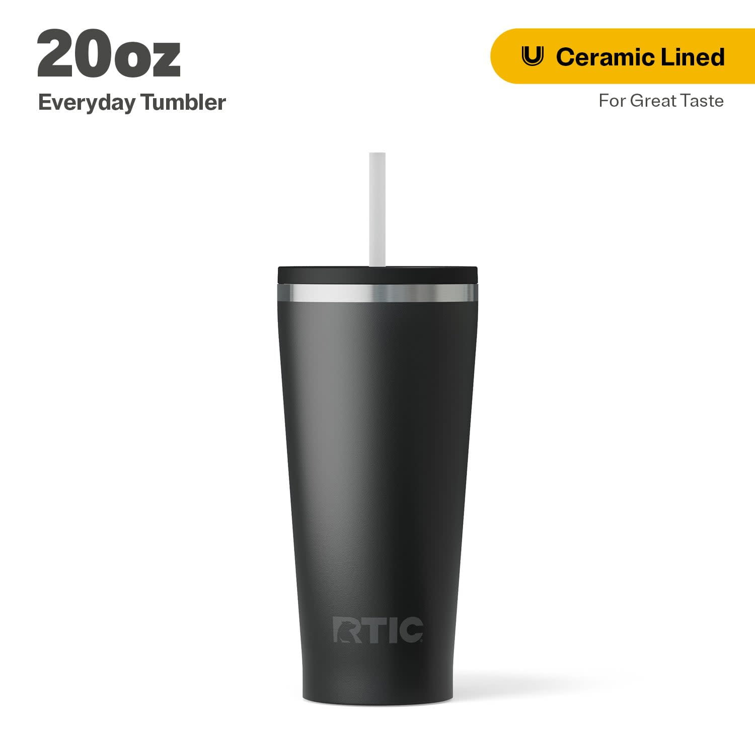 RTIC 20 oz Ceramic Lined Everyday Tumbler, Spill-Resistant Straw Lid, Black