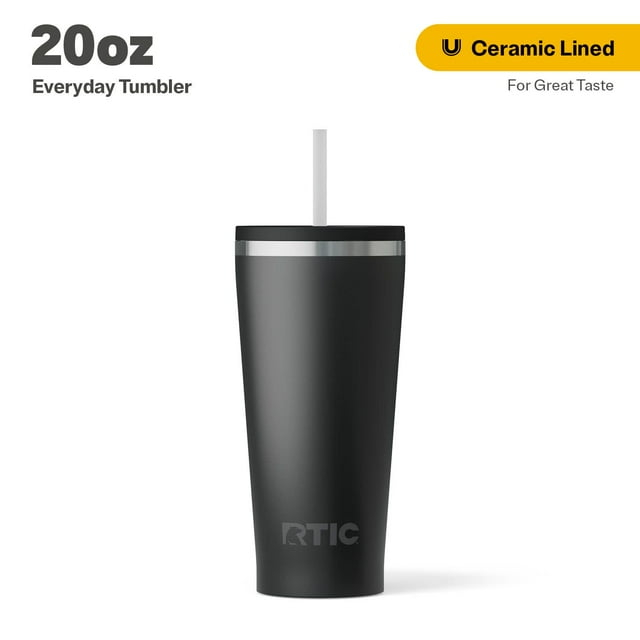RTIC 20 oz Ceramic Lined Everyday Tumbler, Spill-Resistant Straw Lid, Black