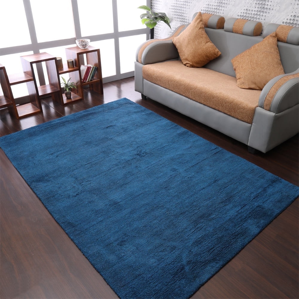 Rugsotic Carpets Hand Knotted Loom Wool Eco-Friendly Area Rugs-Blue,Solid,Rectangle-6'X9'