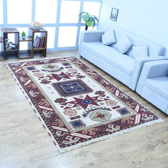 Rugsotic Carpets Hand Knotted Afghan Rugs Rectangle 4'x6' Cream Burgundy Silk-Wool for Indoor Use
