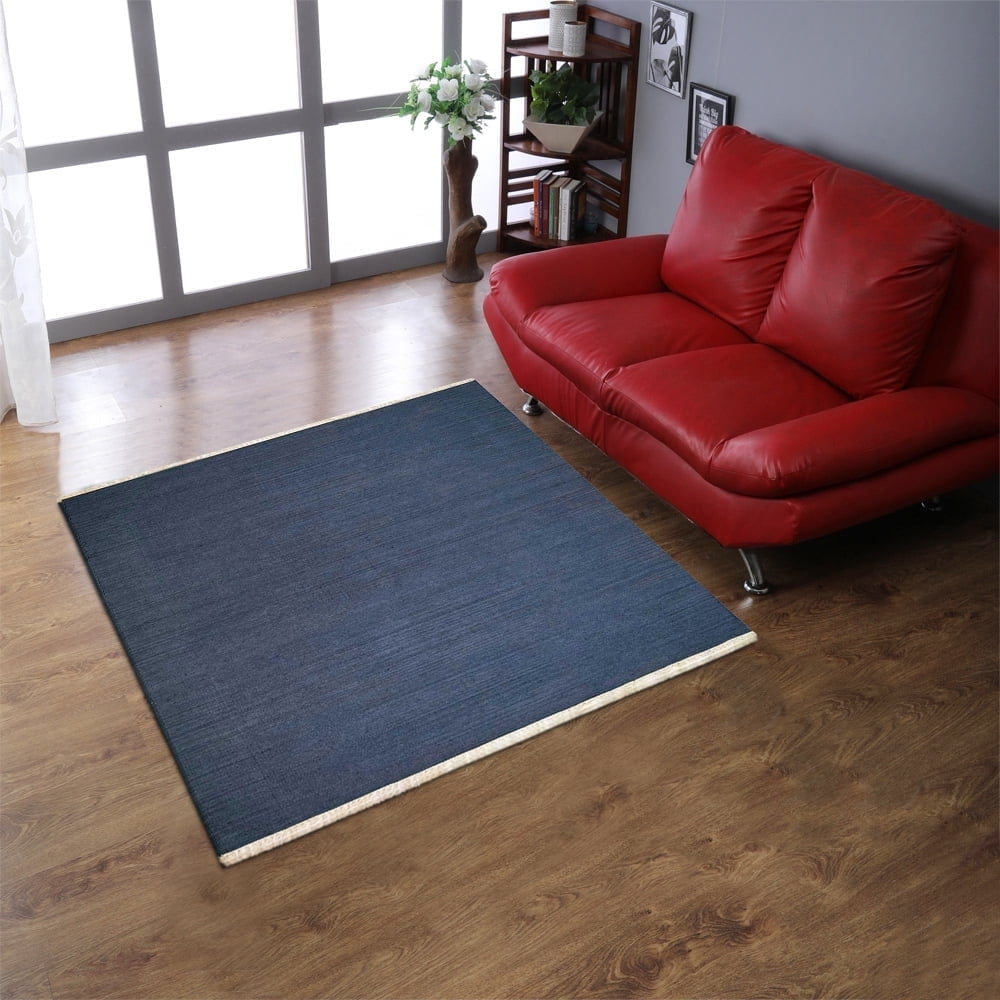 Rugsotic Carpets Hand Woven Flat Weave Kilim Wool Eco-Friendly Area Rugs - 10'x10', Square, Blue , Plain Solid Design, Low Pile Handmade Rugs for Living Room, Bed Room (D00111)