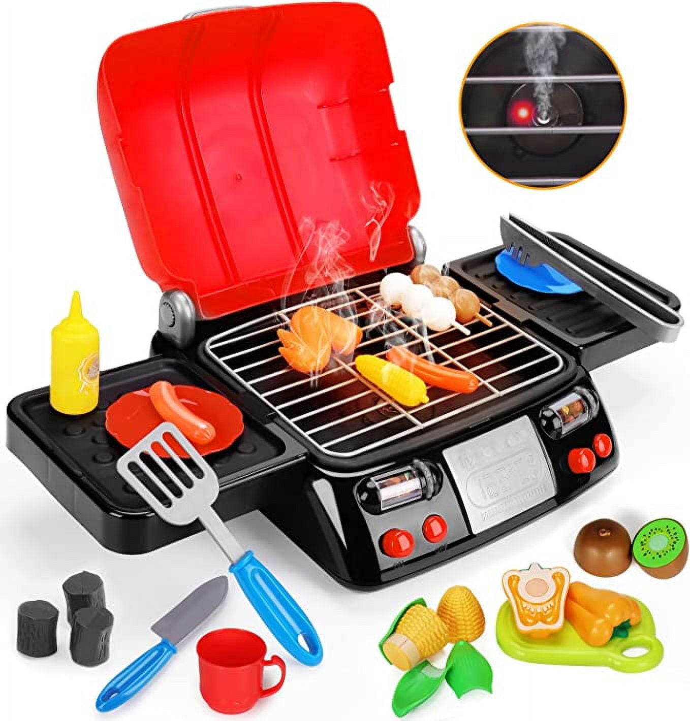 RUVINCE Kids BBQ Grill Playset - Kitchen Toy Grill Set with Smoke & Light