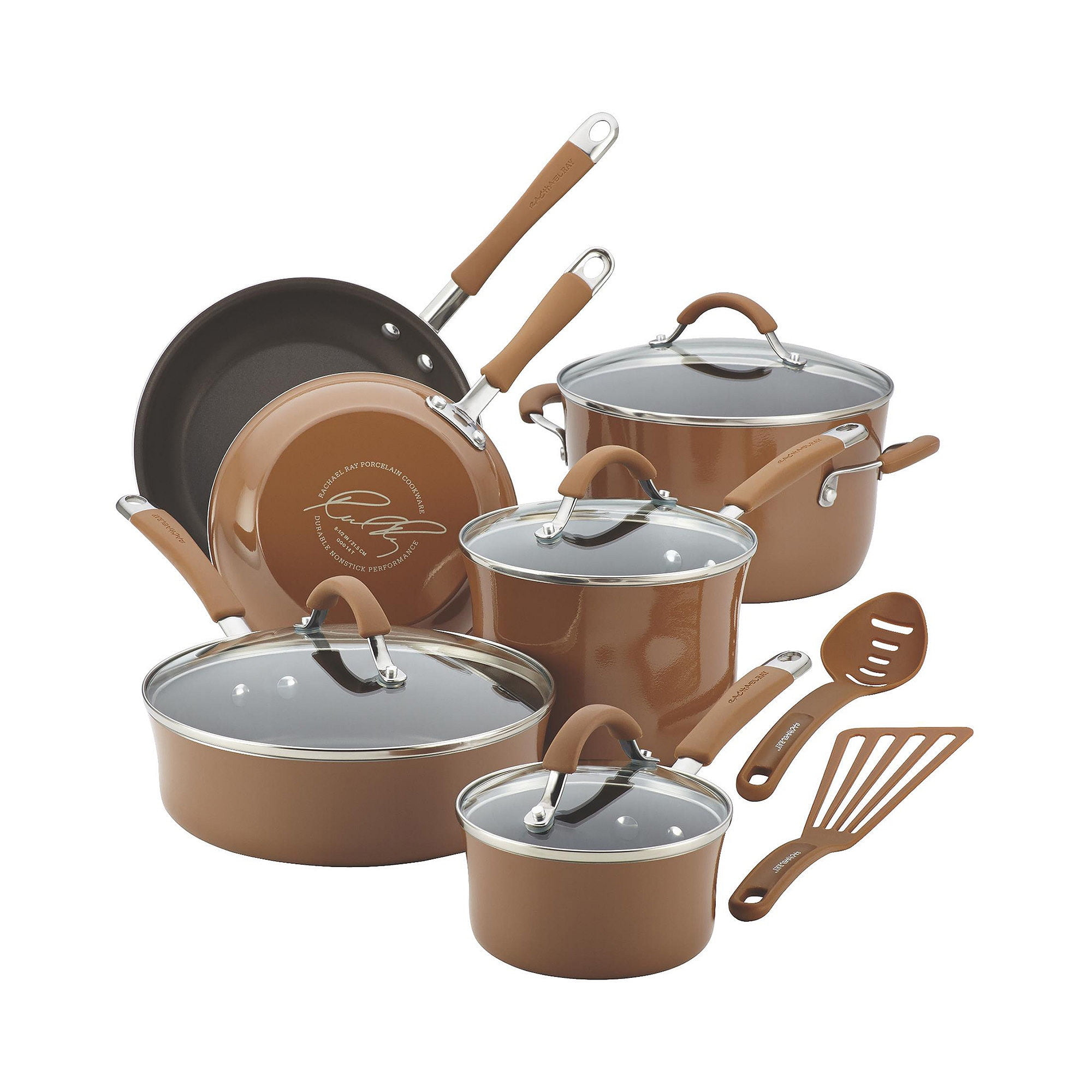 Rachael Ray Cucina Juego de Ollas y Sartenes Antiadherentes, 12 Piezas, Marrón Hongo
