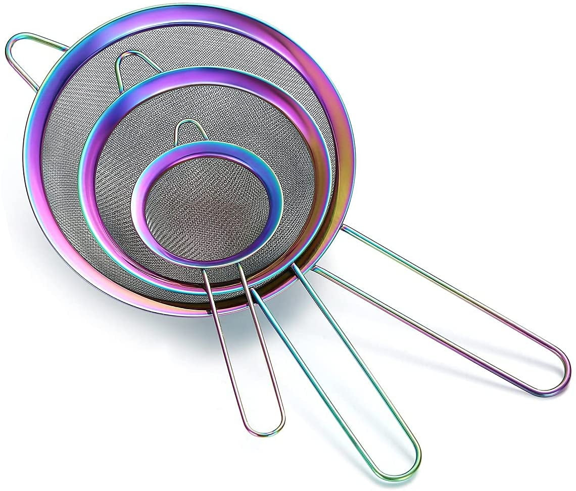 ReaNea Fine Mesh Strainer, Flour Sifter for Baking, Stainless Steel Colander, Tea Strainer Set of 3 (Rainbow)