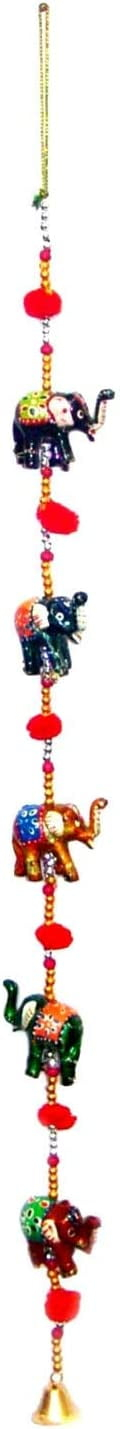 Rastogi Handicrafts Decorative Hanging Five Hand Painted Multi Color Resin Elephant with Beads and Brass Bell Size-76 cm