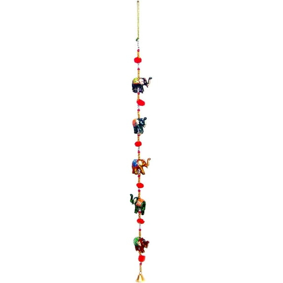 Rastogi Handicrafts Decorative Hanging Five Hand Painted Multi Color Resin Elephant with Beads and Brass Bell Size-76 cm