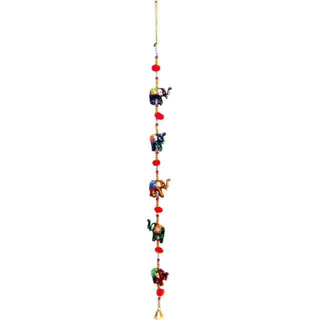 Rastogi Handicrafts Decorative Hanging Five Hand Painted Multi Color Resin Elephant with Beads and Brass Bell Size-76 cm