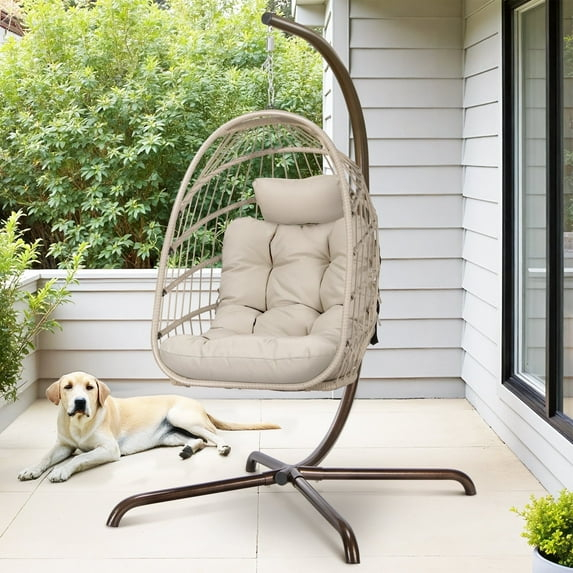 RADIATA Outdoor Foldable Hanging Egg Chair with Stand, PE Wicker Swing Chair with Cushion and Headrest, 350 lbs Capacity, Beige