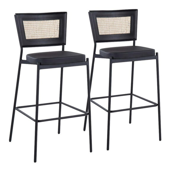 Rattan Tania Contemporary Bar Stool In Black Metal, Black Faux Leather, And Rattan Back - Set Of 2
