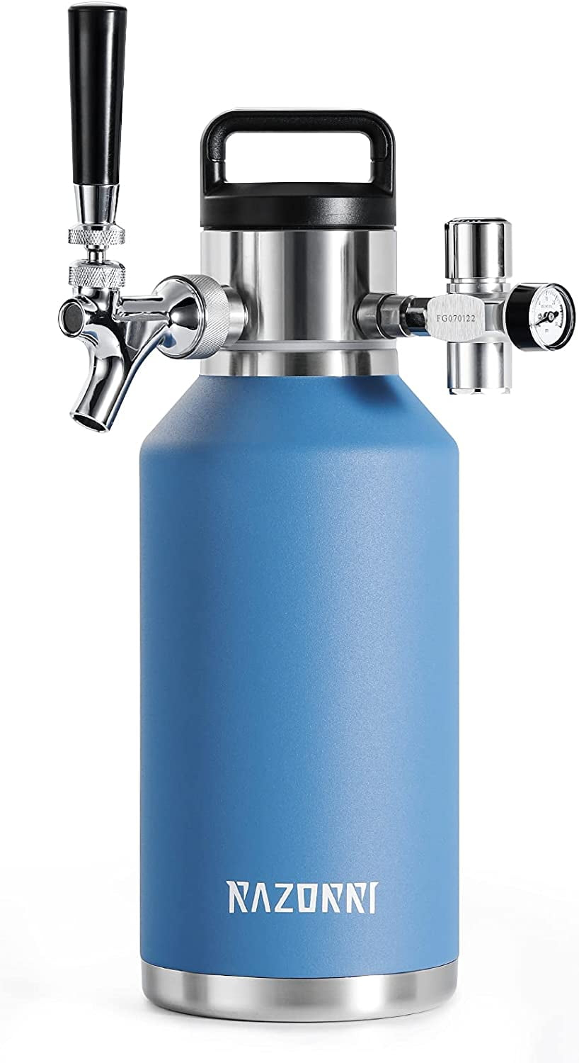 Razorri Engorde de Cerveza de Acero Inoxidable de 64 Oz, Barril Carbonatado con Aislamiento Al Vacío de Doble Pared con Grifo de Barra Profesional y Regulador de CO2 a Presión, 0,5 Galones, Azul Océano