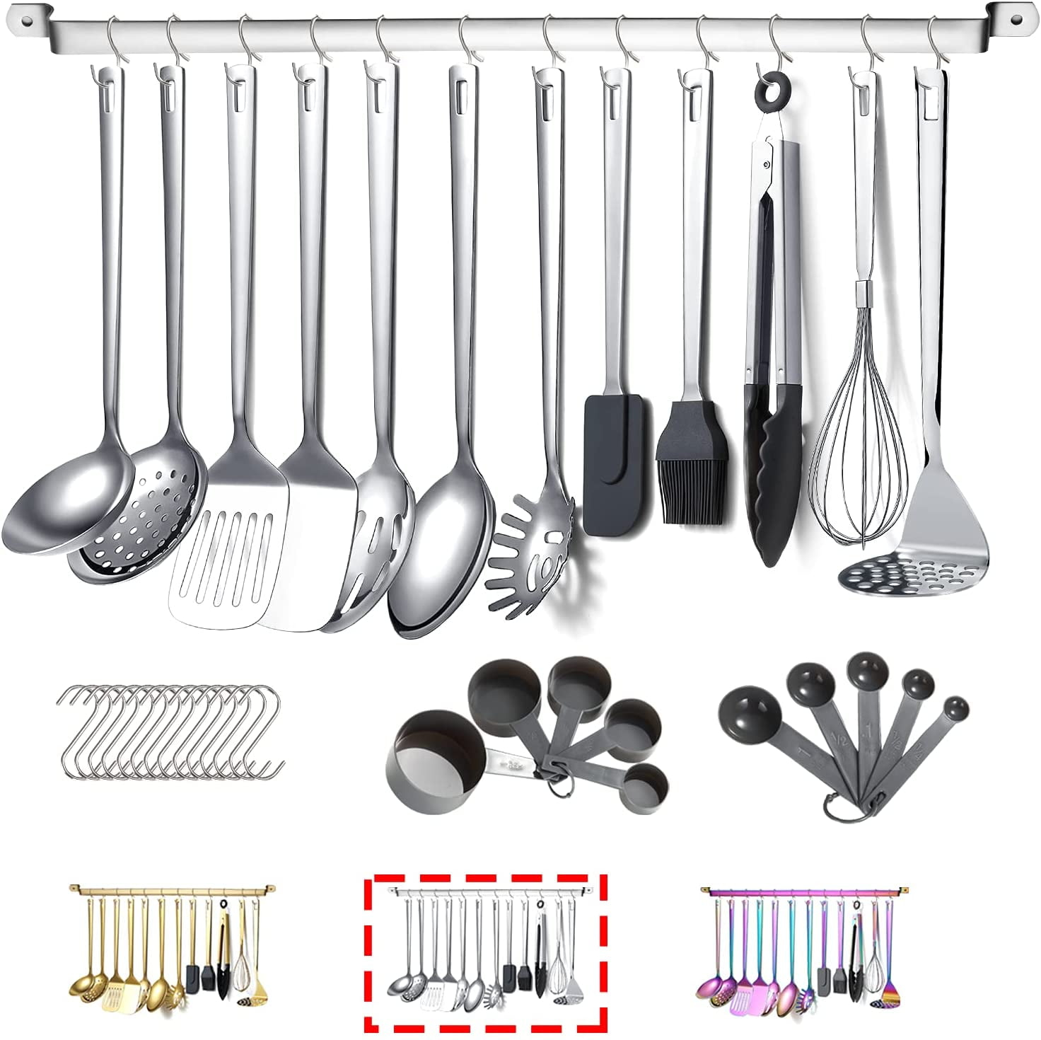 ReaNea Cooking Utensils Set Stainless Steel 37 Pieces Kitchen Utensils Set Kitchen Tool Gadgets with Hooks for Hanging