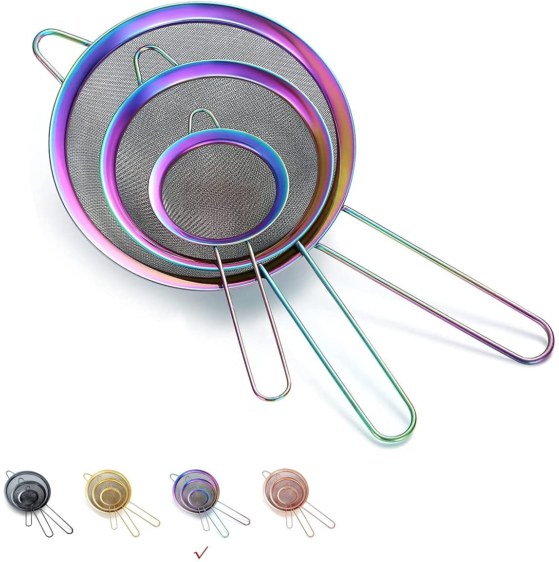 ReaNea Fine Mesh Strainer, Flour Sifter for Baking, Stainless Steel Colander, Tea Strainer Set of 3 (Rainbow)