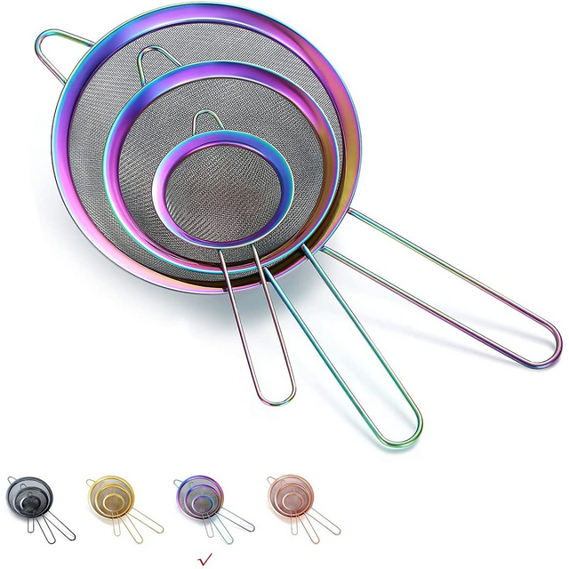 ReaNea Fine Mesh Strainer, Flour Sifter for Baking, Stainless Steel Colander, Tea Strainer Set of 3 (Rainbow)