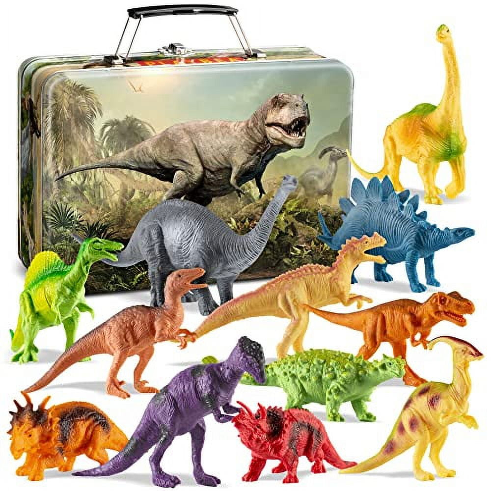 PLAYVIBE Dinosaur Toys for Kids - 12 Realistic Small Dinosaur Figures with Metal Storage Box & Soft Dino for Boys and Girls 3-7 Years - Spinosaurus Toddler Toys