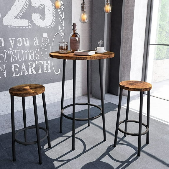 Recaceik 3 Piece Pub Dining Set, Modern Round bar Table and Stools for 2 Kitchen Counter Height Wood Top Bistro Easy Assemble for Breakfast Nook Living Room Small Space Restaurant, Rustic Brown 23