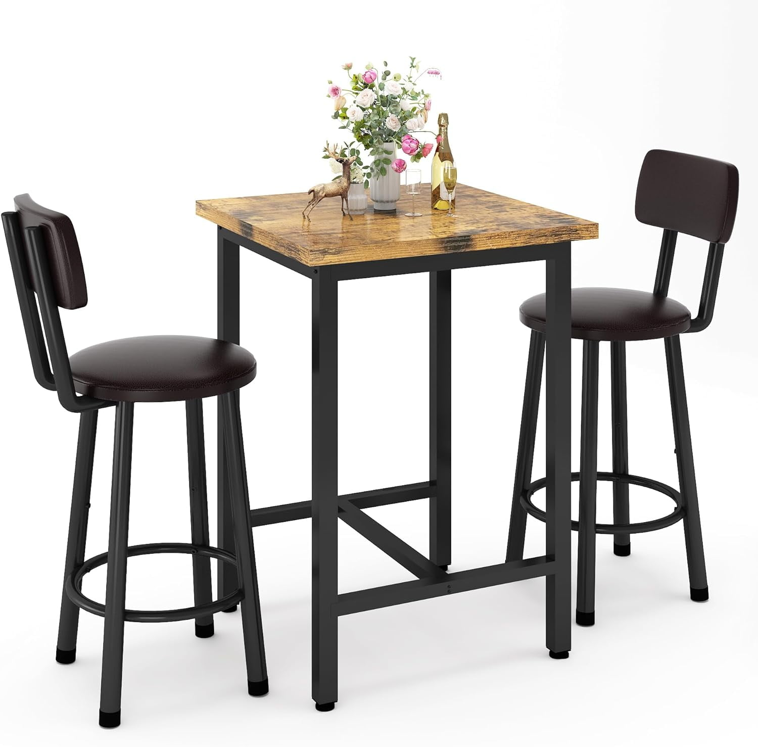 TiaGOC 3 Piece Pub Dining Set, Modern bar Table and Stools for 2 Kitchen Counter Height Wood Top Bistro Easy Assemble for Breakfast Nook Living Room Small Space Restaurant, Rustic Brown 24”