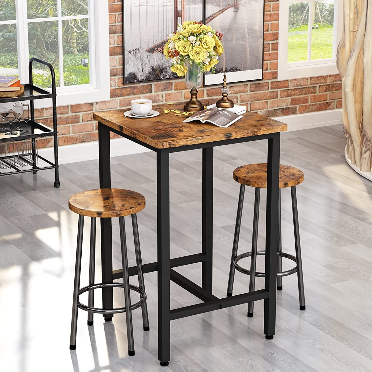 Rustic Brown Square Pub Table Set with Metal Frame and 2 Stools