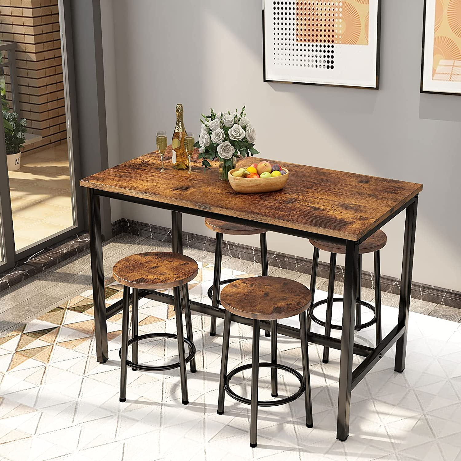 Recaceik Bar Table and Chairs Set, Industrial Counter 35.62" Height Pub Table with 4 Chairs Bar Table Set, 5 Pieces Dining Table Set Home Kitchen Breakfast Table