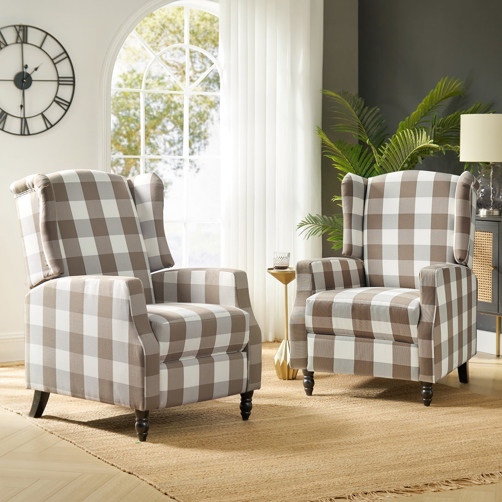 Recliners Chairs Set of 2 Push Back Upholstered Wingback Armchairs Traditional Fabric Sofas Couches Wood legs Home Living Room Plaid Beige