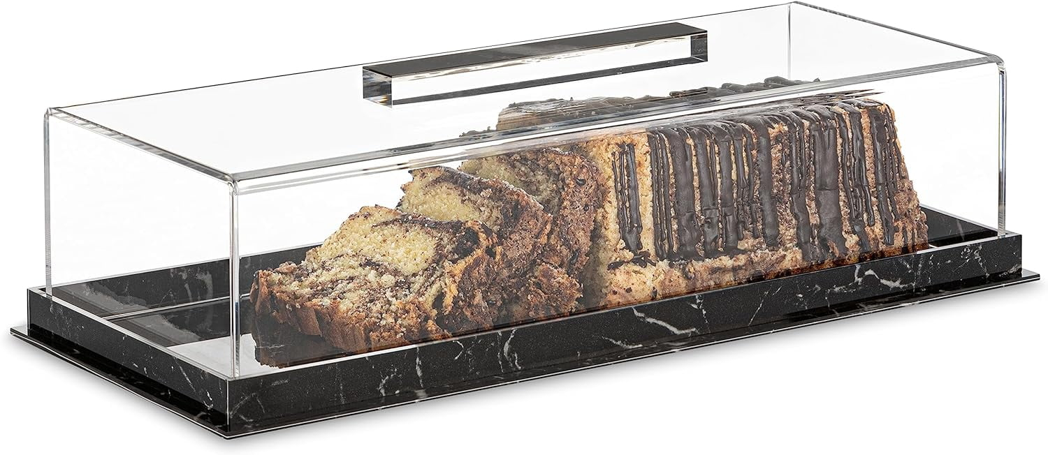 Rectangular Cake Tray, Cake Plate Dish with Lucite Display Cover Lid, Dessert Holder Tray, Cake Stand, Grey Marble Rectangle Cake Platter with Lucite Cover, Pastry Base (Black)