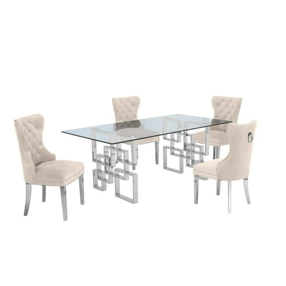 Rectangular Clear Glass 5pc Dining Set with Silver Stainless Steel Base