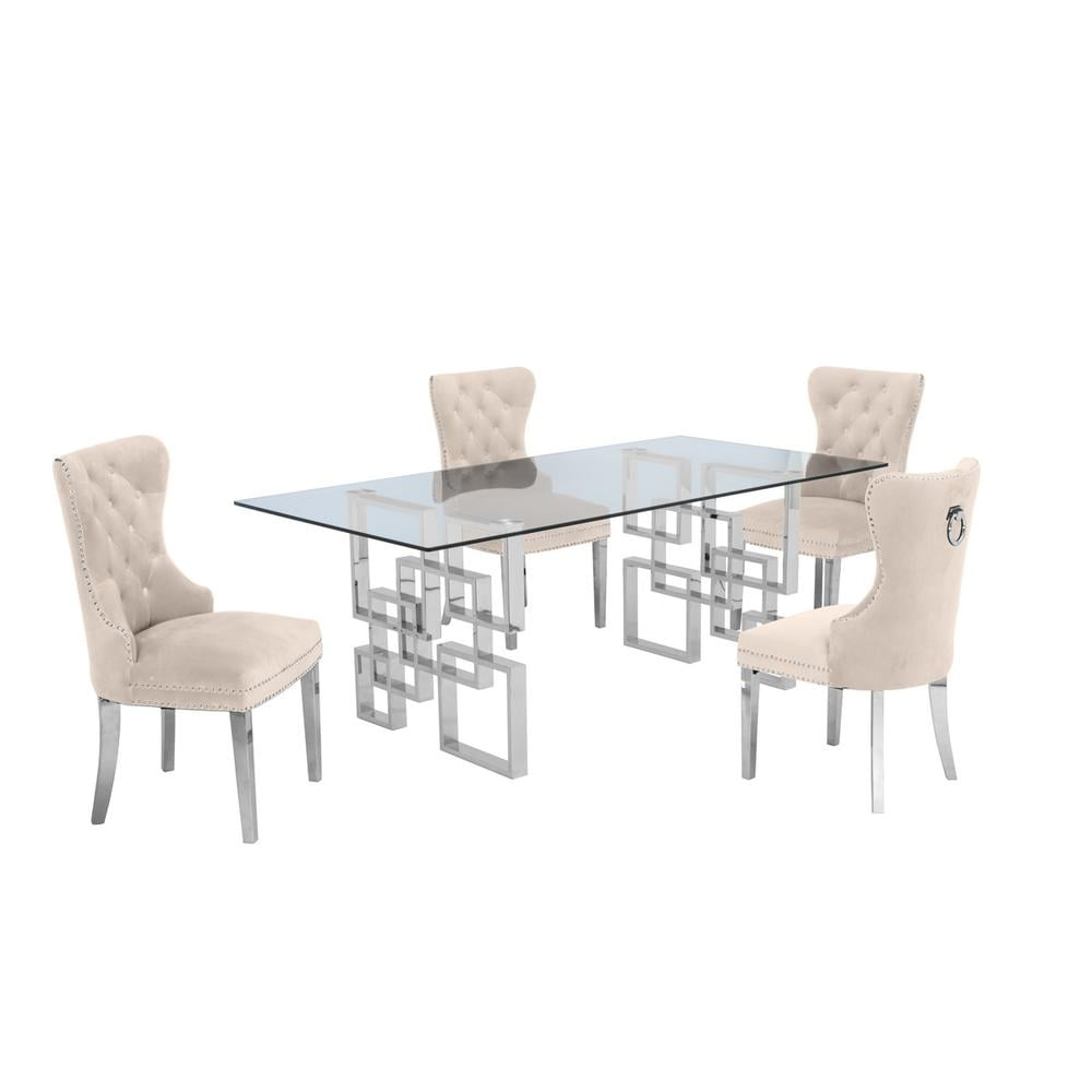 Rectangular Clear Glass 5pc Dining Set with Silver Stainless Steel Base