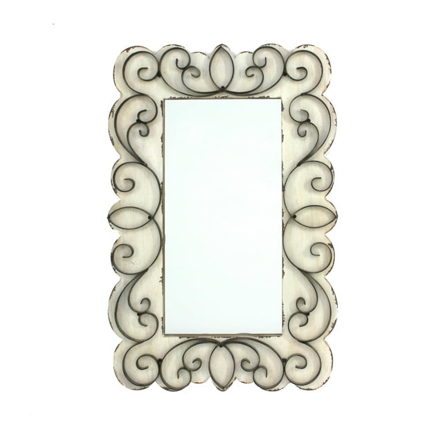 Rectangular Wall Mirror with Wooden Frame and Metal Scrolled edges, White- Saltoro Sherpi
