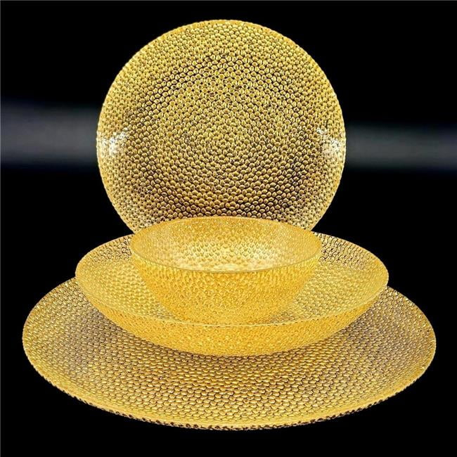 Red Pomegranate Collection  Cabana Gilded Glass Dinnerware Set, Gold - Set of 24