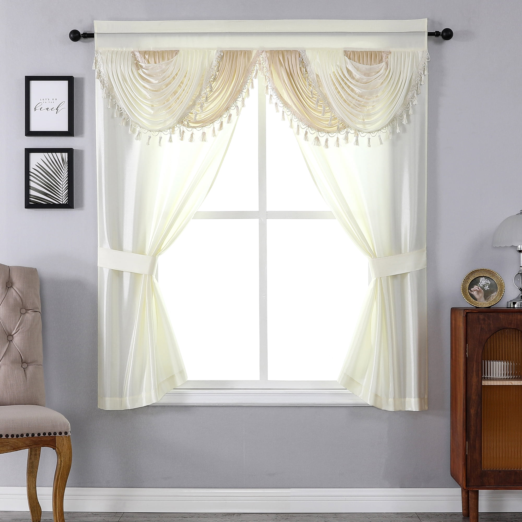 Regal Home Collections Amore Curtains 5-Piece Window Curtain Set - 54-Inch W x63-Inch L Panels with Attached Valance and 2 Tiebacks (Beige)