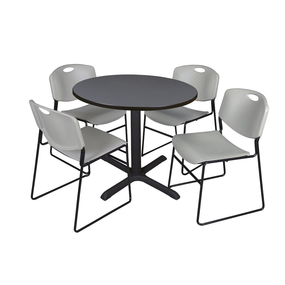 Regency 42 in. Round X-Base Breakroom Table- Grey & 4 Zeng Stack Chairs- Grey