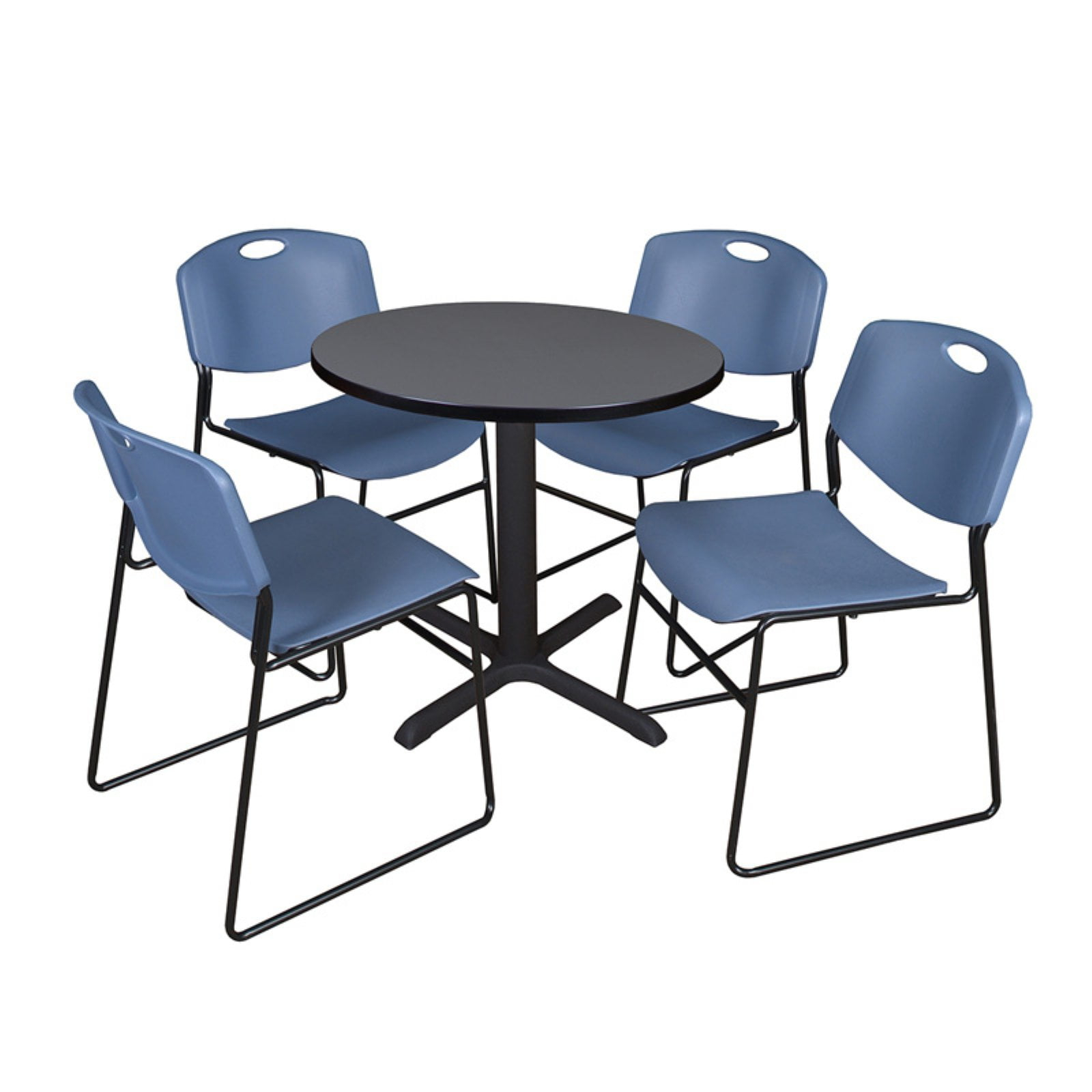 Regency Cain 42 in. Round X-Base Breakroom Table- Grey & 4 Zeng Stack Chairs- Grey
