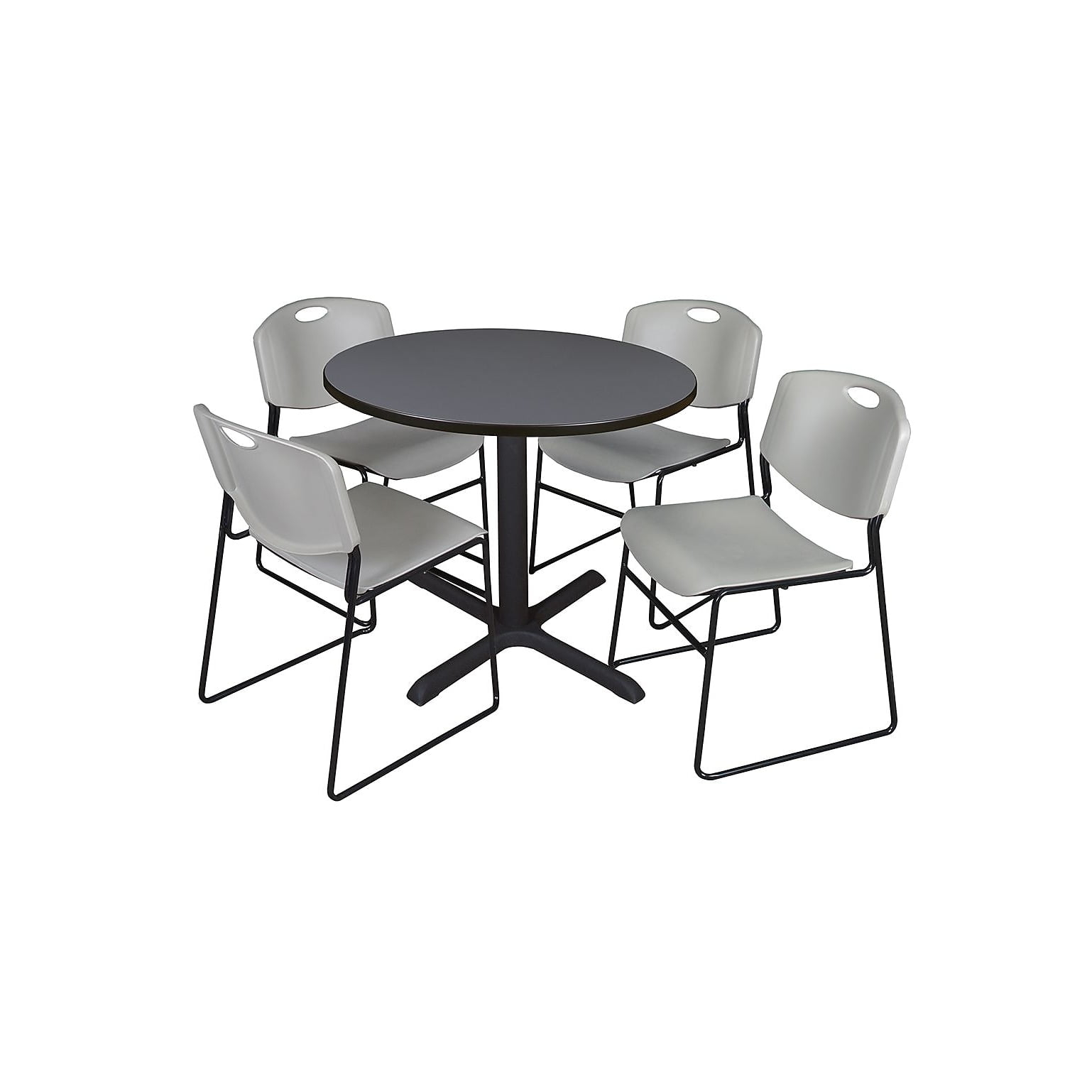 Regency Cain 42 in. Round X-Base Breakroom Table- Grey & 4 Zeng Stack Chairs- Grey