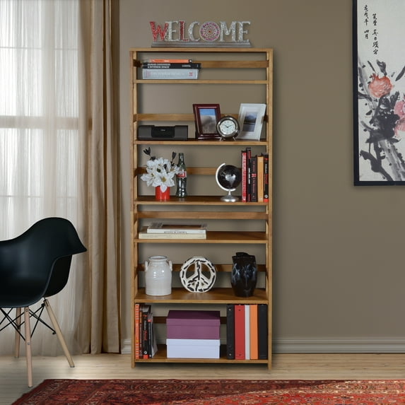 Romig Flip Flop 67 in High Folding Bookcase, Easy Assembly Shelf Storage- Medium Oak