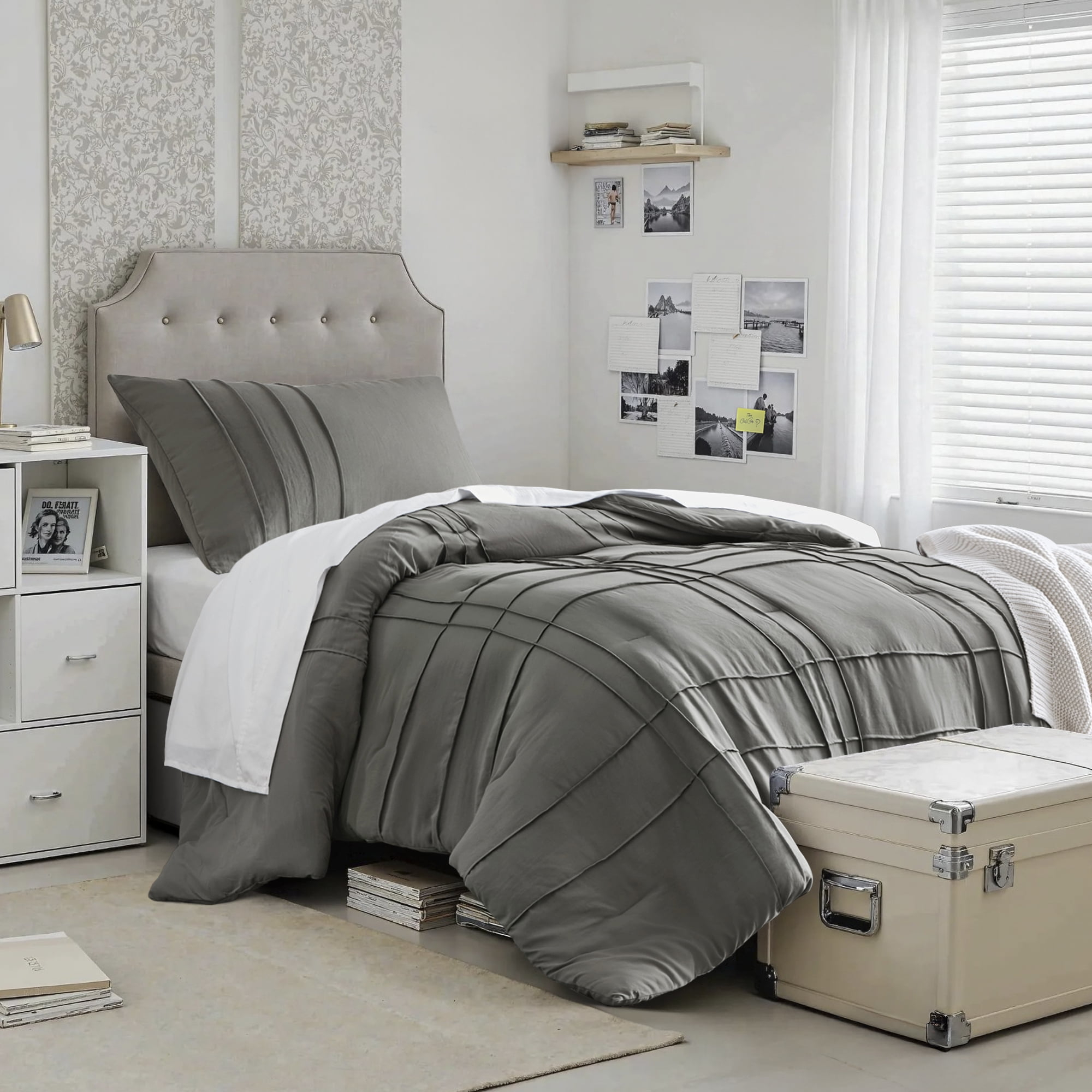 Regency Heights Twin/Twin XL Comforter Set, Boho 2-Piece Pintuck Stitching Dorm Bedding Set, Soft Washed Pleated Bed Sets with Pillow Sham Grey