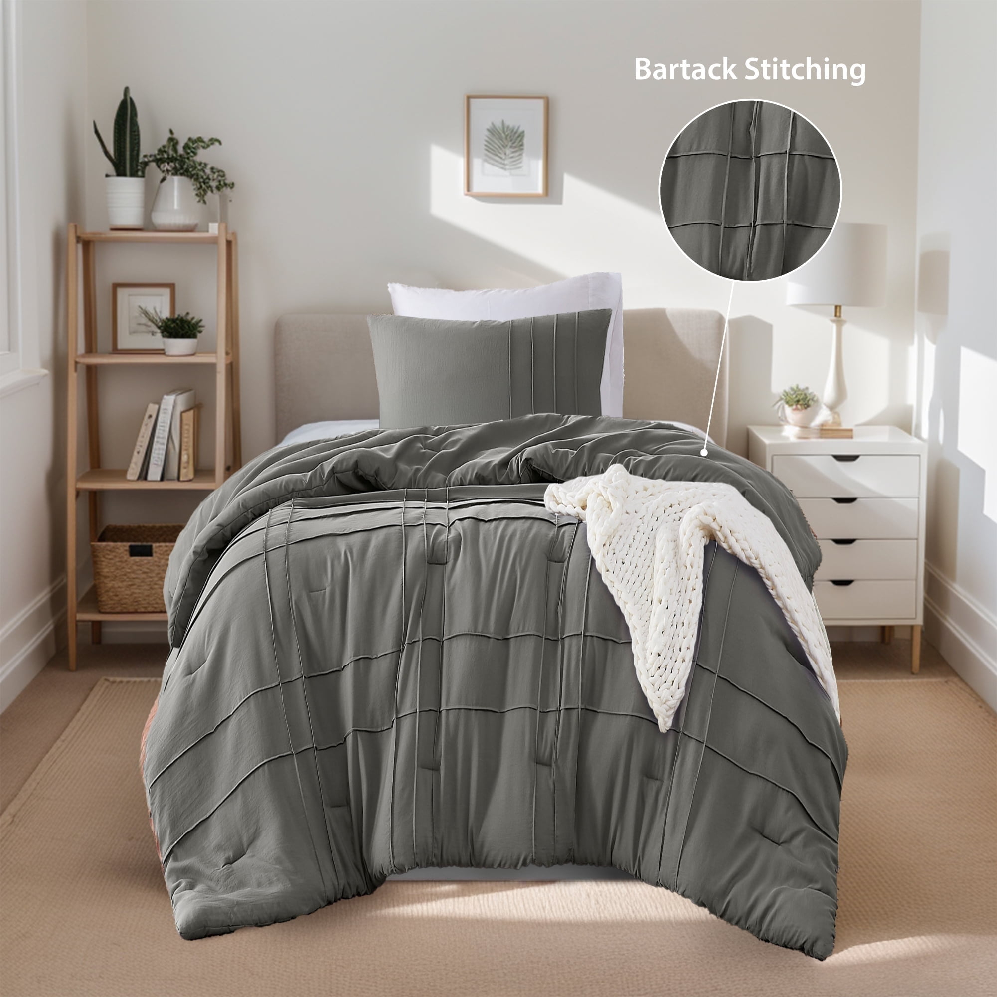Regency Heights Twin/Twin XL Comforter Set, Boho 2-Piece Pintuck Stitching Dorm Bedding Set, Soft Washed Pleated Bed Sets with Pillow Sham Grey