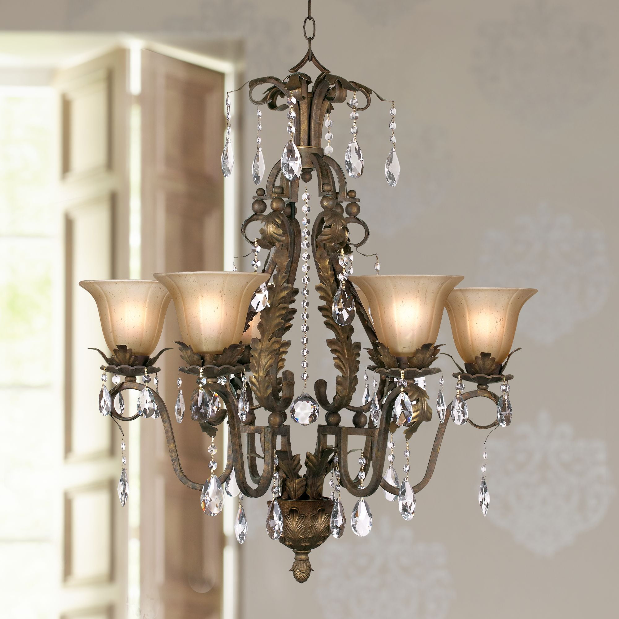 Regency Hill Iron Leaf Roman Bronze Chandelier 29" Wide French Rustic Crystal Cream Glass 6-Light Fixture for Dining Room House Foyer Kitchen Island