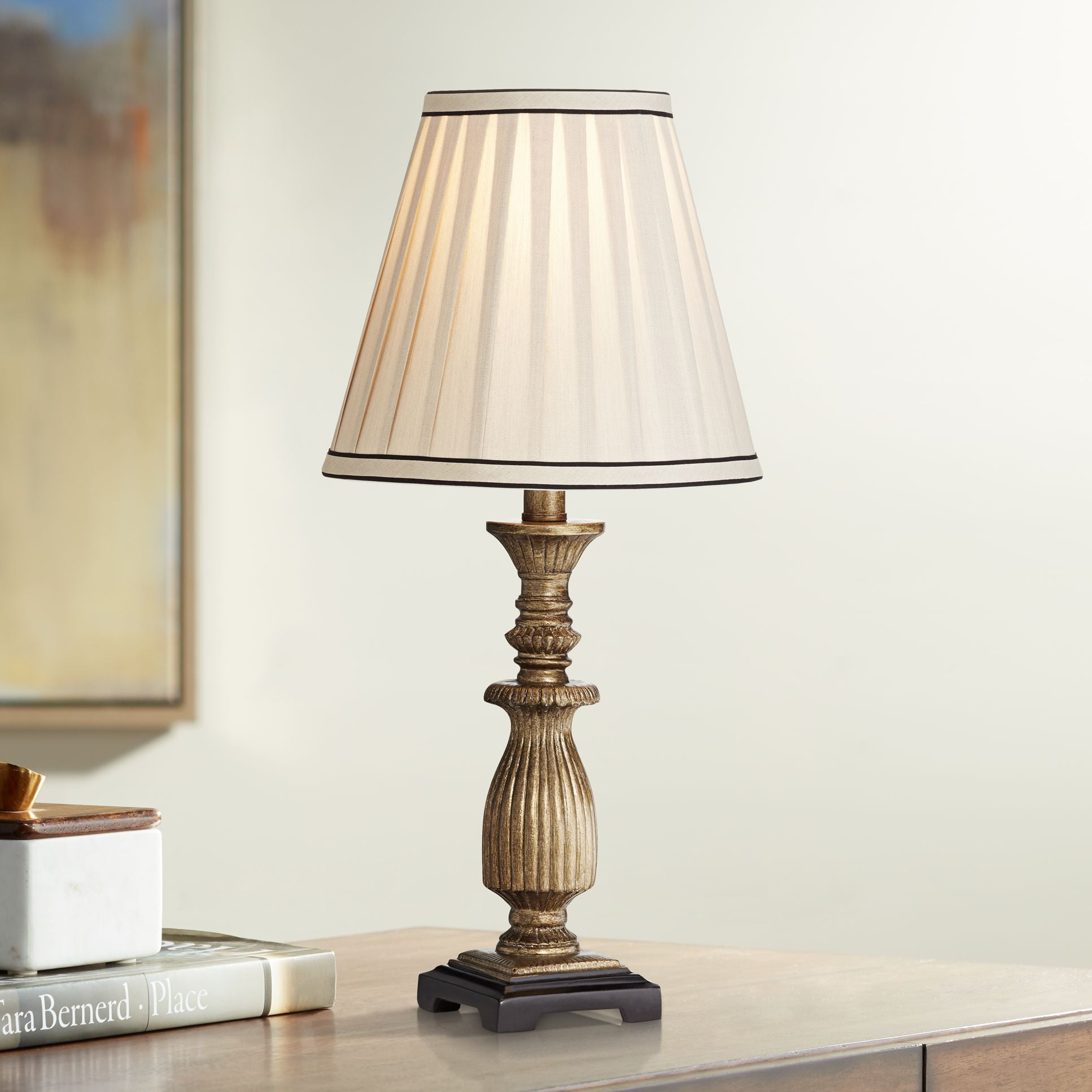 Regency Hill Ribbed Traditional Rustic Accent Table Lamp 18" High Antique Gold Beige Fabric Pleated Empire Shade for Bedroom Living Room Bedside Kids