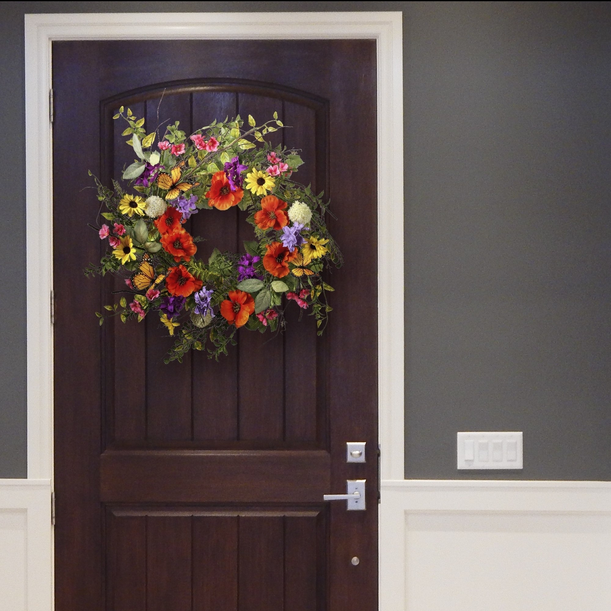 Regency International Summer Garden Flowers with Monarch Butterflies Wreath 22"