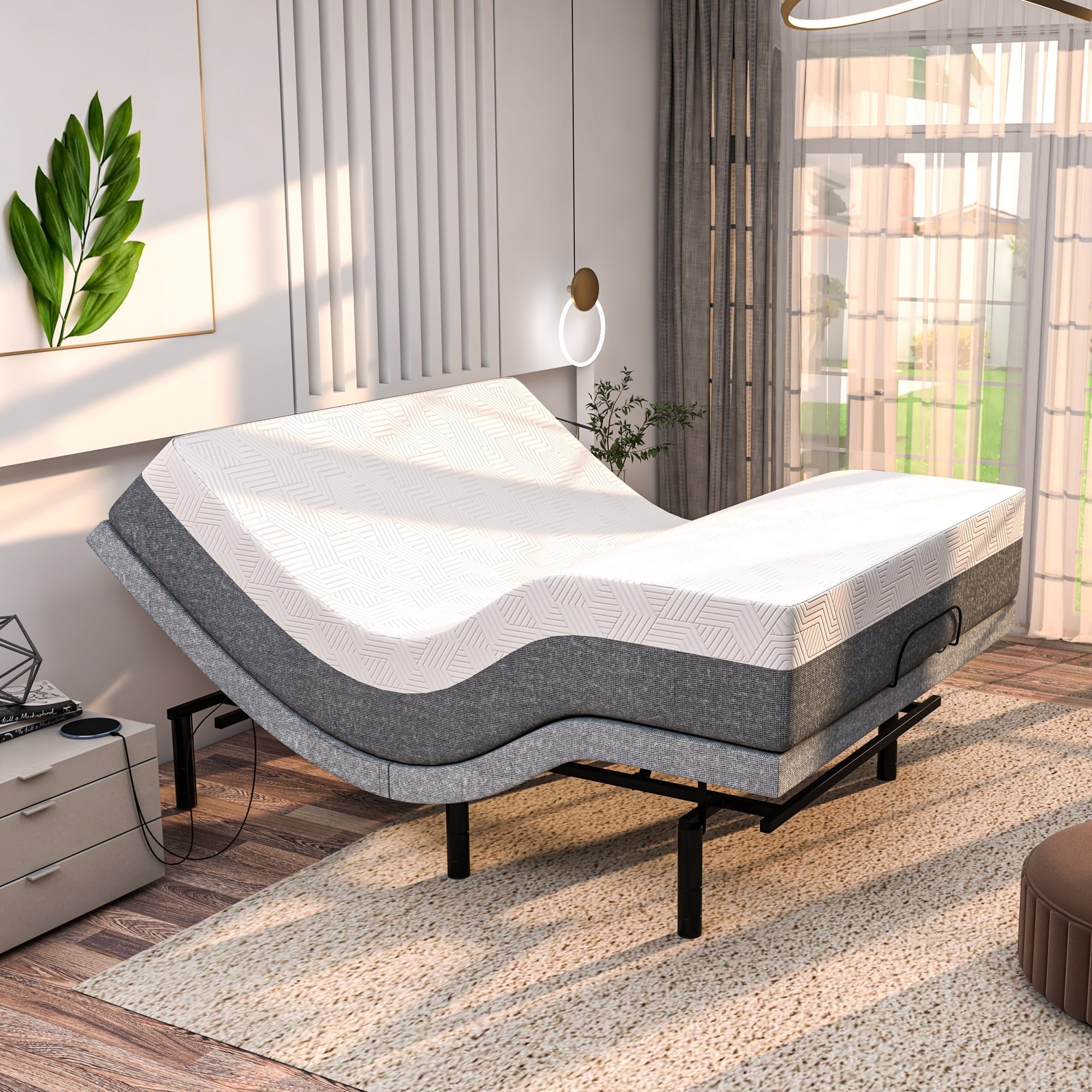 Renanim Queen Adjustable Motorized Bed Frame with 14" Mattress Included Electric Massage for Better Sleep & Comfort - Reclining Base, Dual Massagers, Head & Foot Incline - Wireless Remote, USB Ports