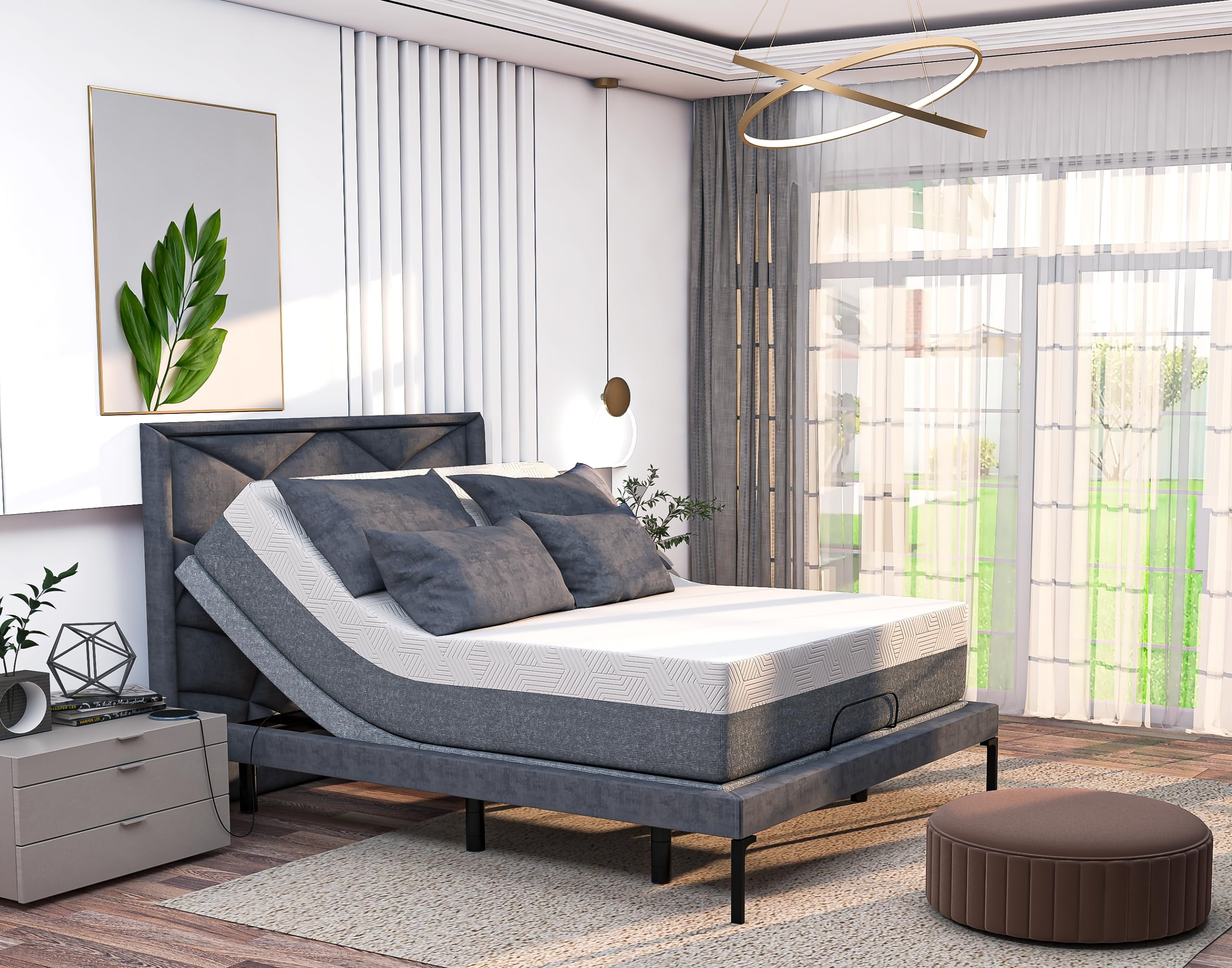 Renanim Serenityflex Adjustable Bed Frame with 14" Mattress Included Electric Massage - USB, Under Bed Light, Luxury Cooling Gel Memory Foam Mattress, App Control, Head and Foot Incline Base Twin XL