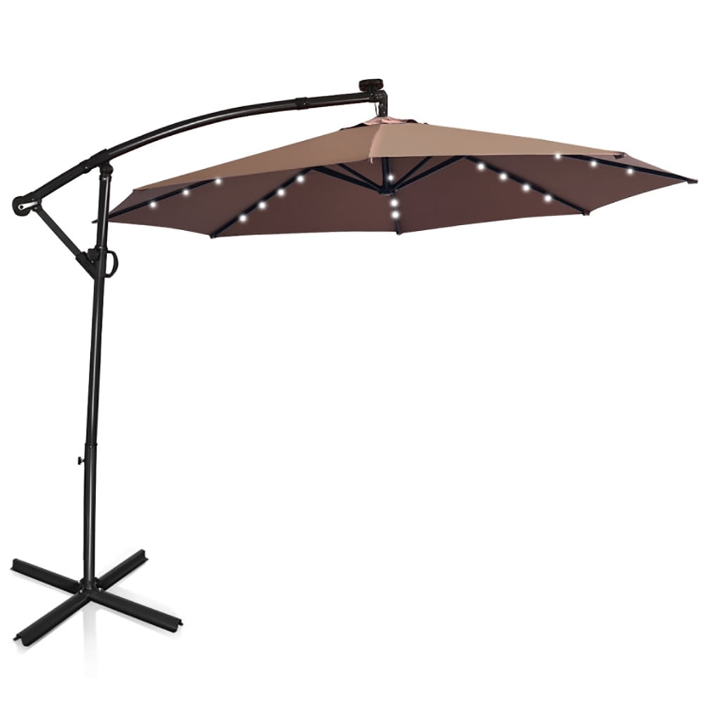 GVN 10 ft 360° Rotation Solar Powered LED Patio Offset Umbrella without Weight Base-Tan, Patio Offset Umbrella with Easy Tilt Adjustment, Cantilever Patio Umbrellas, Sunshade Umbrella Canopy